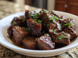 Close-up of tender, dark brown crockpot steak cubes coated in sauce and garnished with fresh chopped parsley.