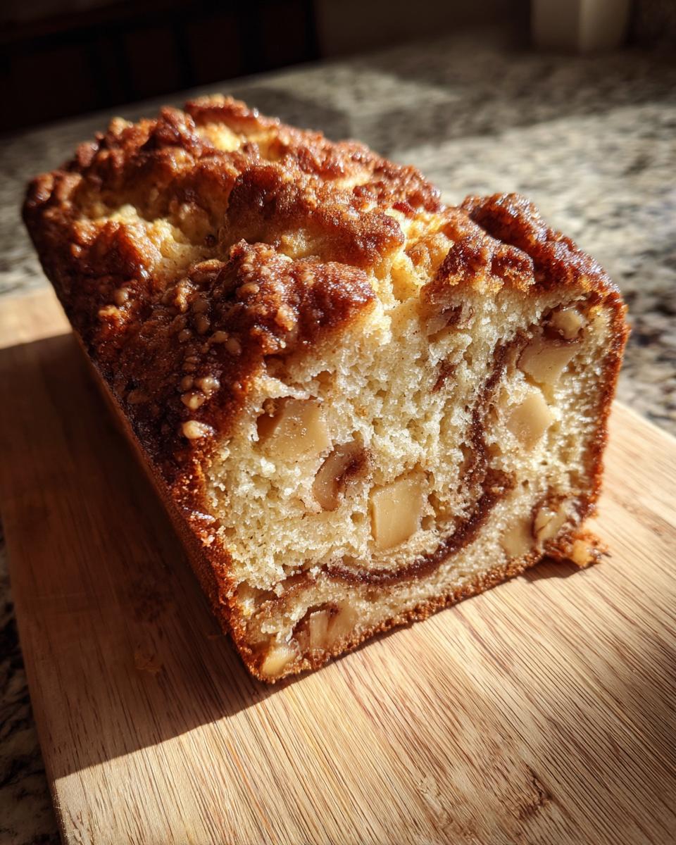 Cross-section of moist apple bread showing chunks of apple, a brown sugar swirl, and a crunchy topping.
