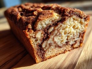 Close-up of a moist slice of apple bread showing a rich brown sugar swirl and visible nuts.