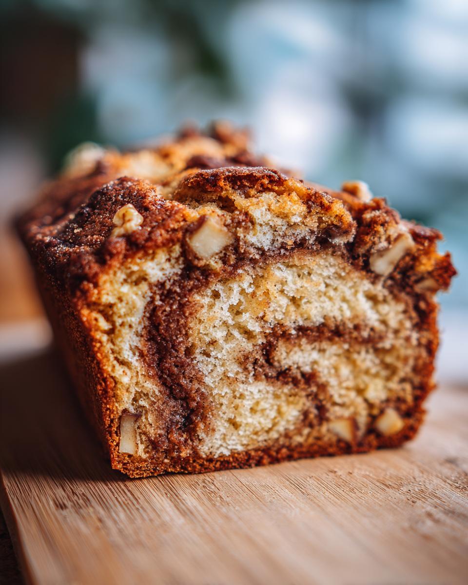 Close-up of a moist apple bread loaf showing a rich brown sugar swirl and walnuts on top.