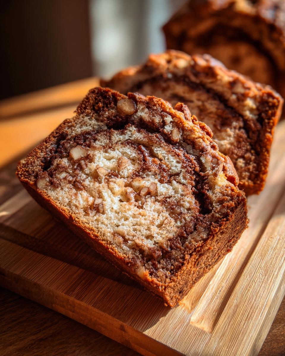 Close-up of a moist slice of apple bread featuring a rich brown swirl and visible chopped nuts.