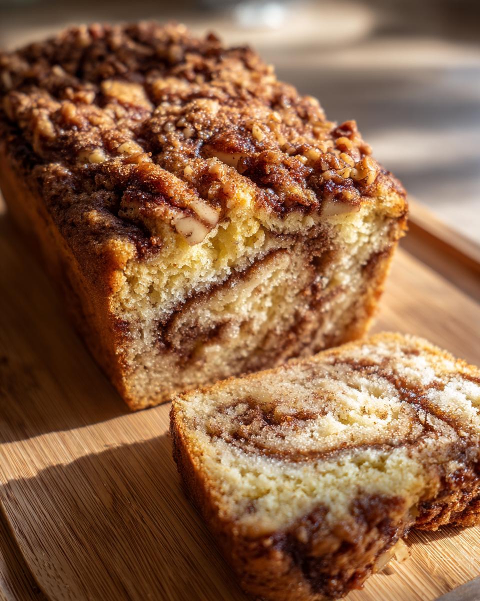 A loaf of moist apple bread with a prominent brown sugar swirl and crunchy nut topping, sliced on a wooden board.
