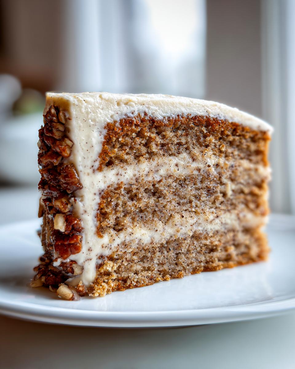 A close-up of a thick slice of moist applesauce cake layered with cream cheese frosting and coated in pecans.