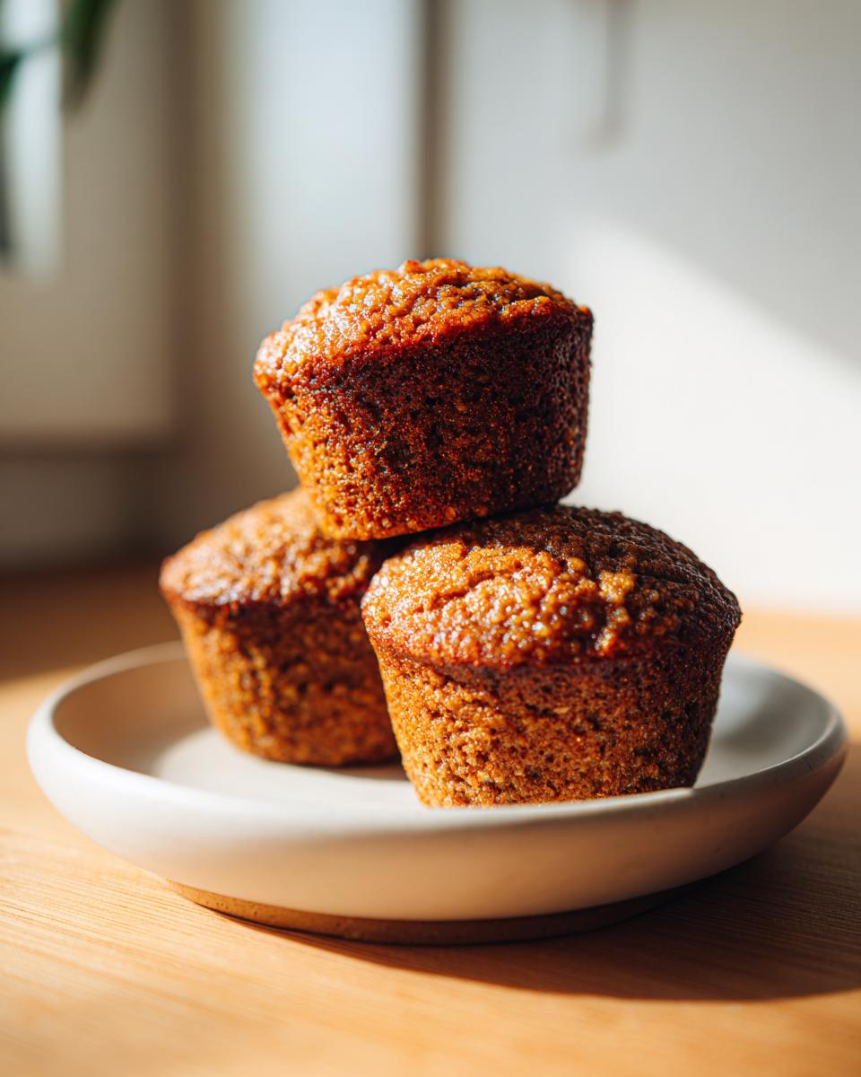 Three golden brown, moist bran muffins stacked on a light ceramic plate, highlighted by sunlight.