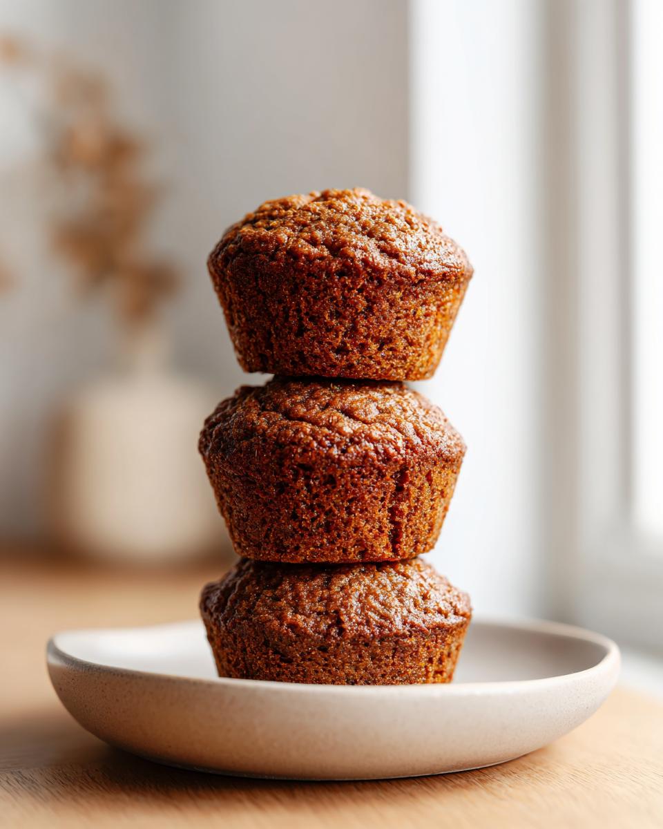 A vertical stack of three perfectly baked, moist bran muffins sitting on a small, light-colored ceramic plate.