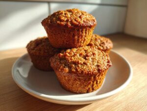 A close-up of three golden brown, moist bran muffins stacked slightly on a light ceramic plate, illuminated by sunlight.