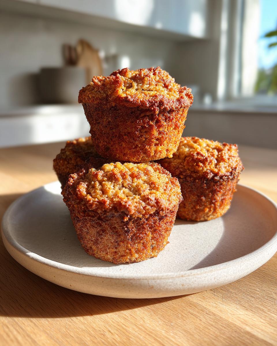 A stack of four golden-brown, moist bran muffins with crumbly tops, resting on a light ceramic plate.