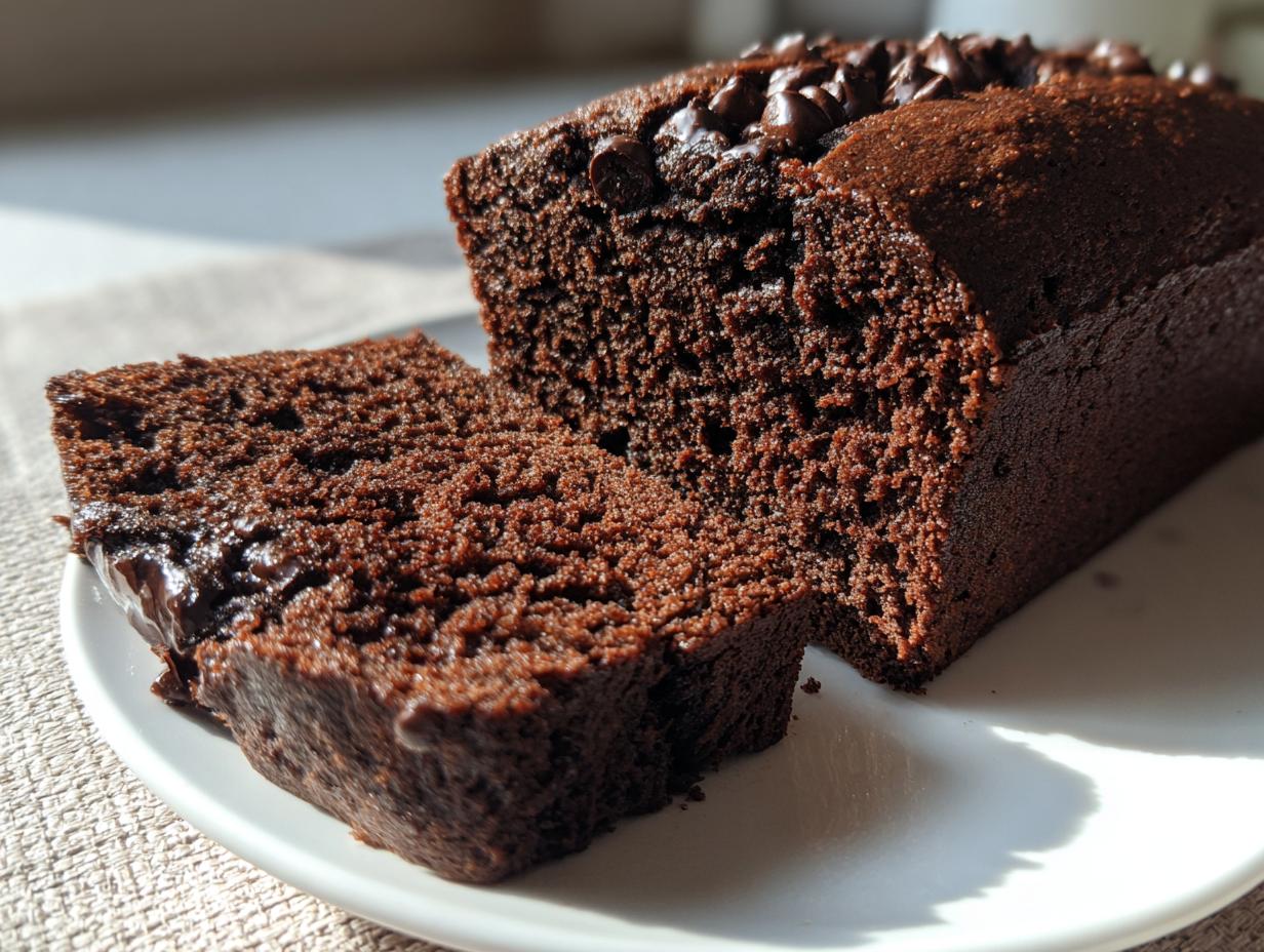Close-up of a moist slice cut from a loaf of rich chocolate bread topped with chocolate chips.