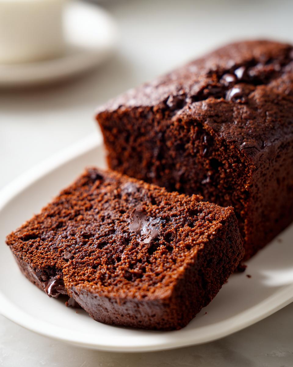 Close-up of a moist slice of dark chocolate bread with melted chocolate chips, next to the loaf.