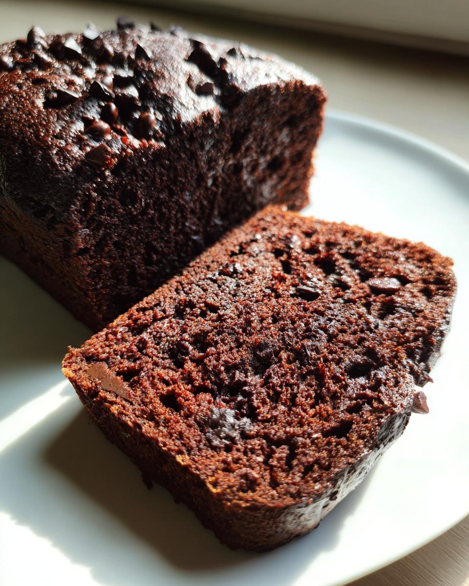 Close-up of a moist slice of rich, dark chocolate bread topped with chocolate chips.