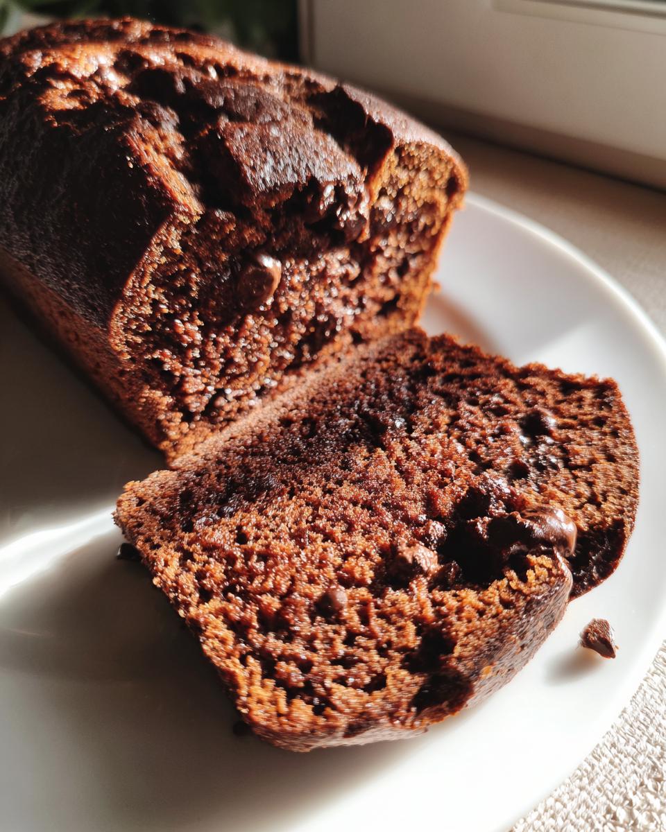 Close-up of a moist slice of homemade chocolate bread with visible chocolate chips on a white plate.