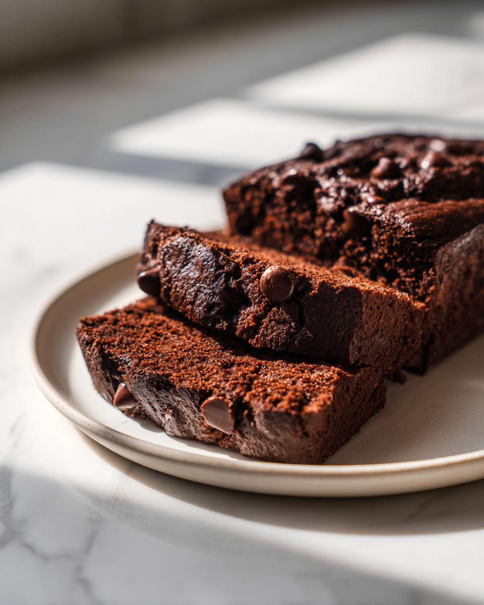 Two thick slices of moist chocolate bread dotted with chocolate chips, served on a light plate.