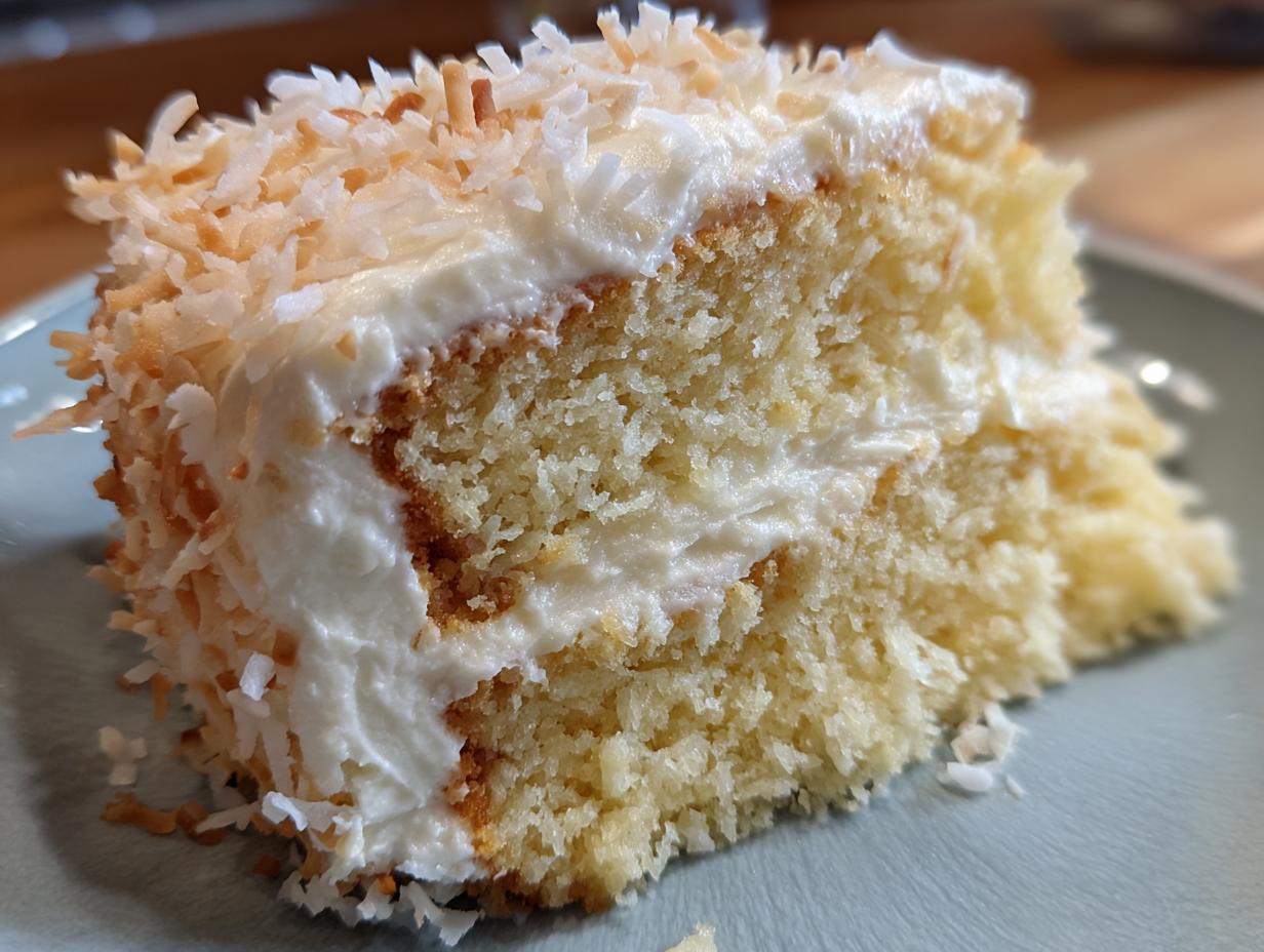 Close-up of a moist slice of coconut cake layered with white frosting and topped with toasted coconut flakes.