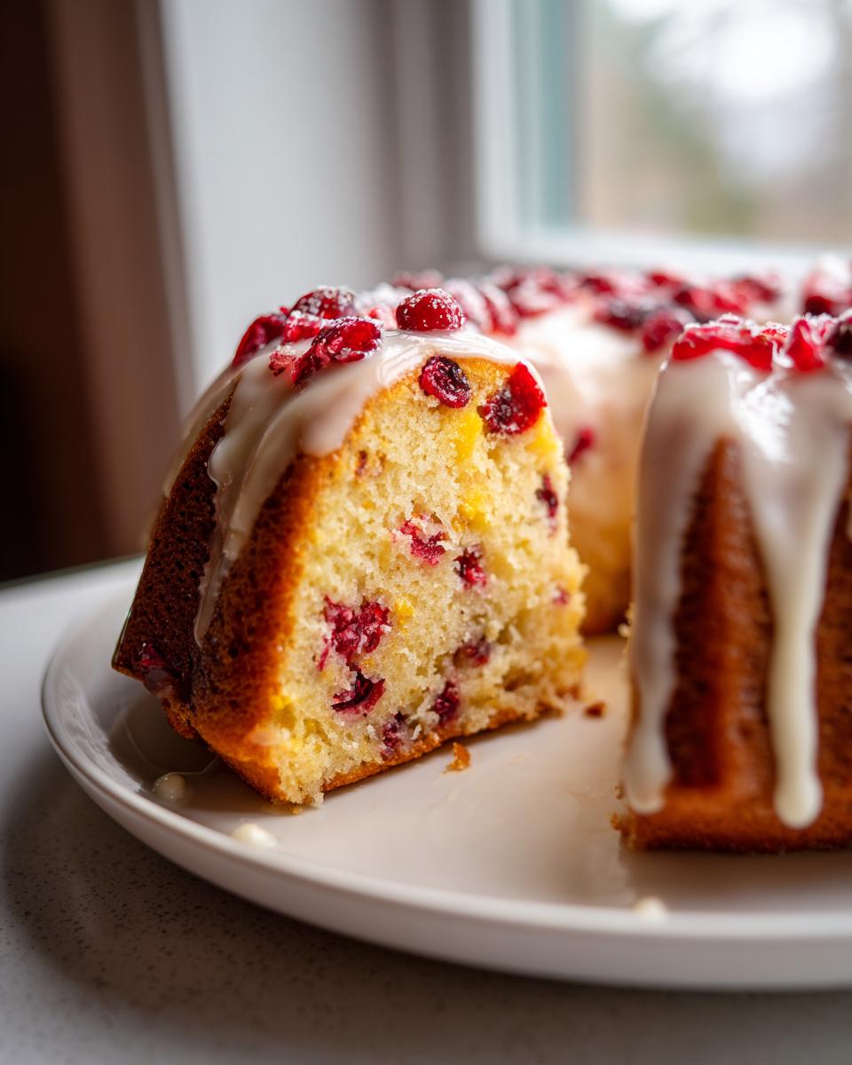 Close-up of a slice of moist cranberry orange cake topped with white glaze and dried cranberries.