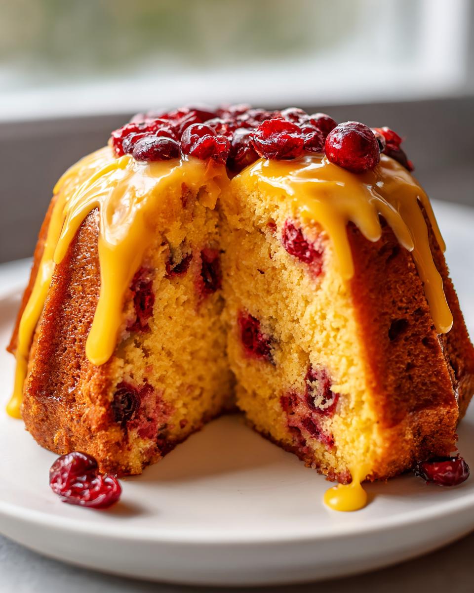 A slice cut from a moist cranberry orange cake, topped with orange glaze and fresh cranberries.