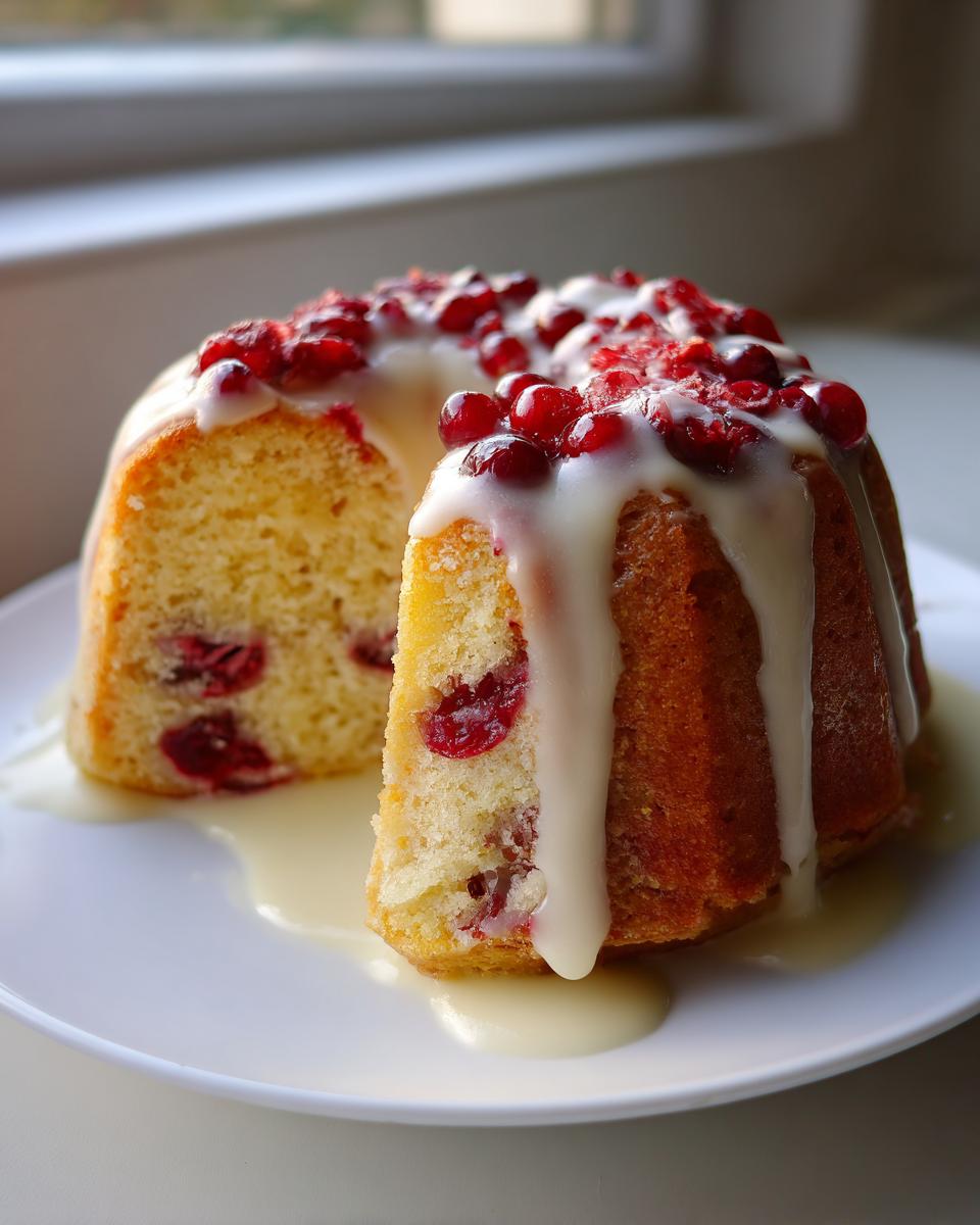 A slice cut from a moist cranberry orange cake topped with white glaze and fresh cranberries.