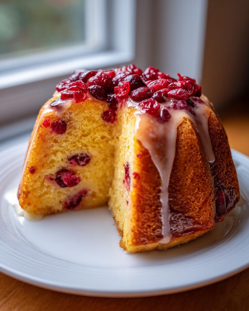 A slice cut from a moist cranberry orange cake, drizzled with white glaze and topped with candied cranberries.