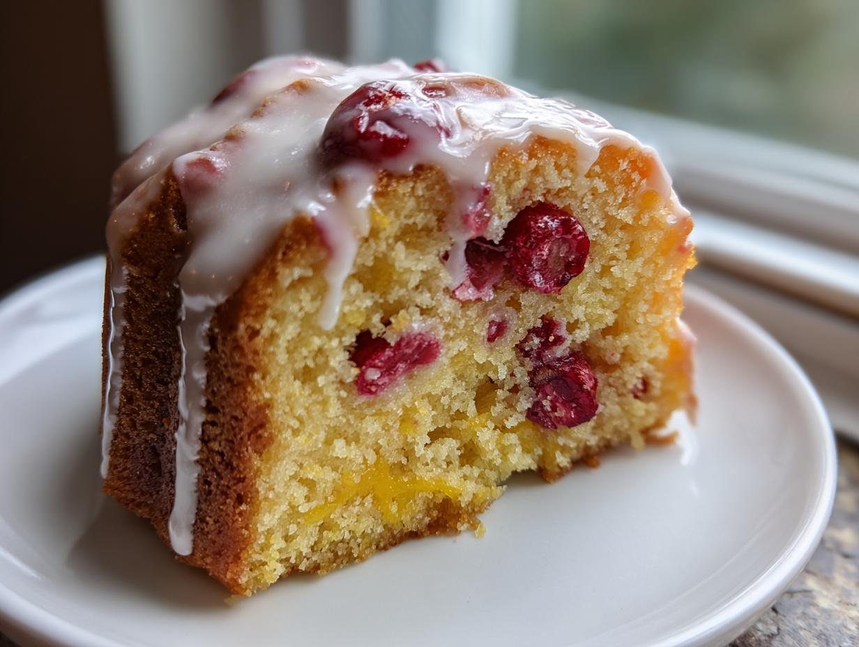 Close-up of a moist slice of cranberry orange cake topped with white glaze and visible whole cranberries.