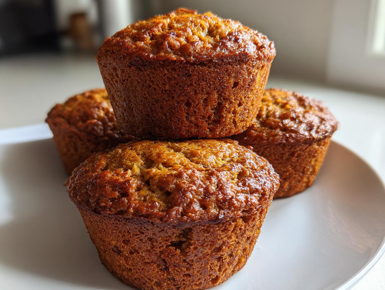 Close-up of four golden-brown, moist honey bran muffins stacked slightly on a white plate.