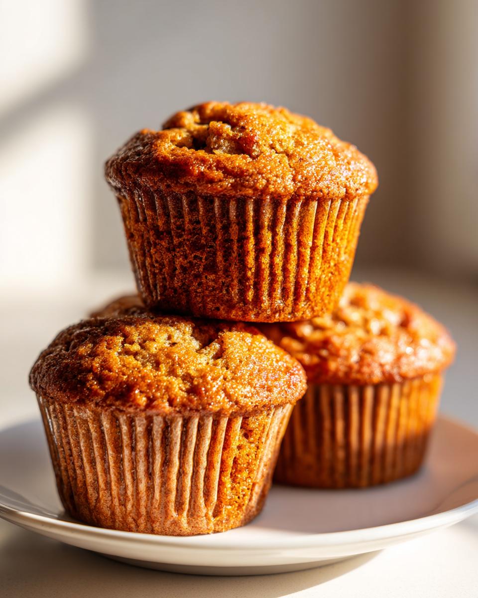 Three golden brown, moist honey bran muffins stacked on a white plate, beautifully lit by natural light.