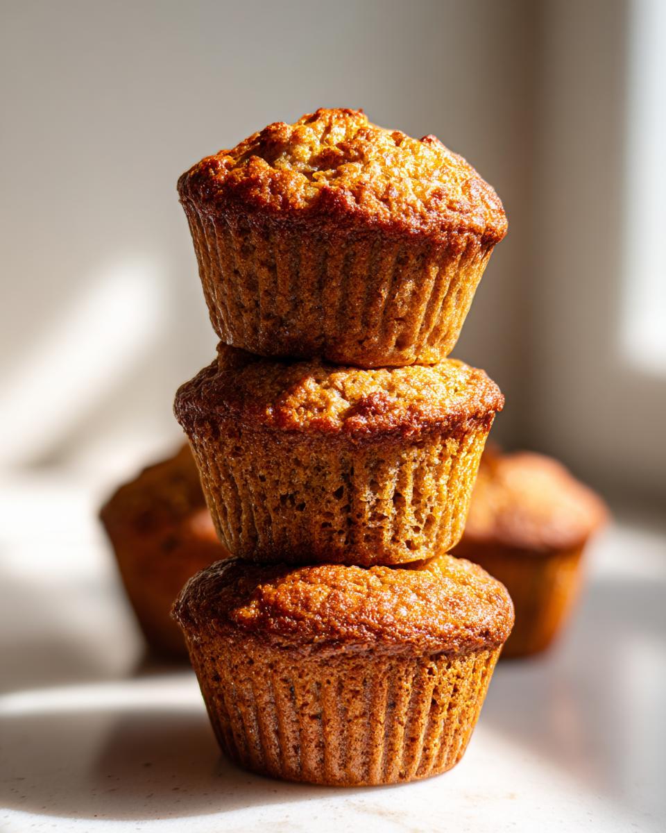 Three moist honey bran muffins stacked vertically, beautifully browned and textured.