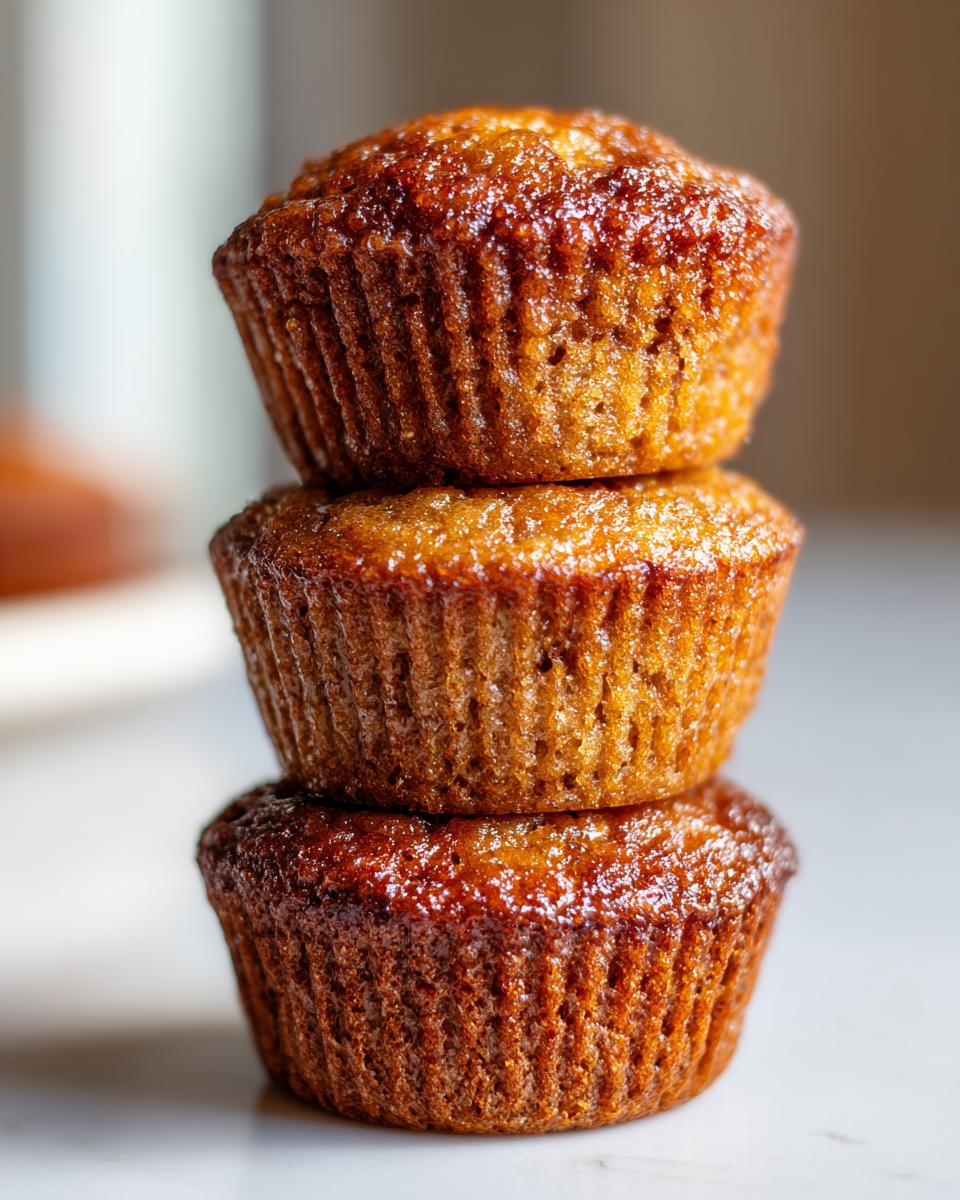 A close-up stack of three incredibly moist honey bran muffins with a shiny, caramelized top.