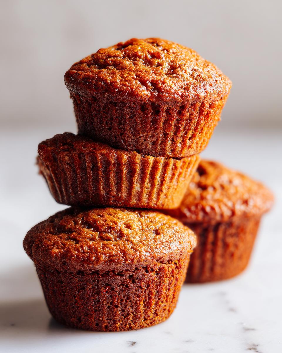 A stack of three deeply browned, moist honey bran muffins photographed closely on a white marble surface.