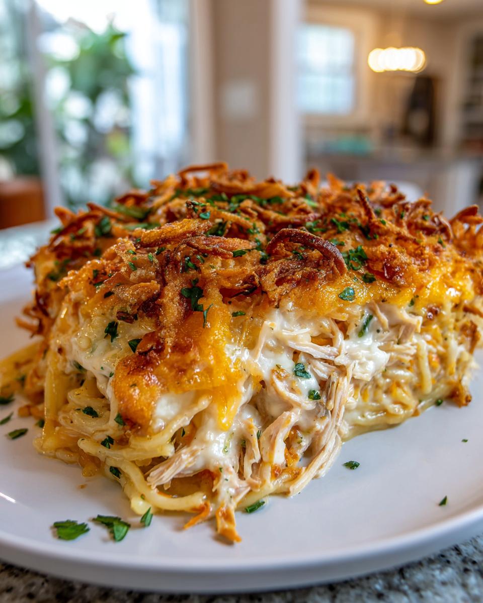 A generous serving of creamy Monterey chicken spaghetti casserole topped with melted cheese and crispy onions.