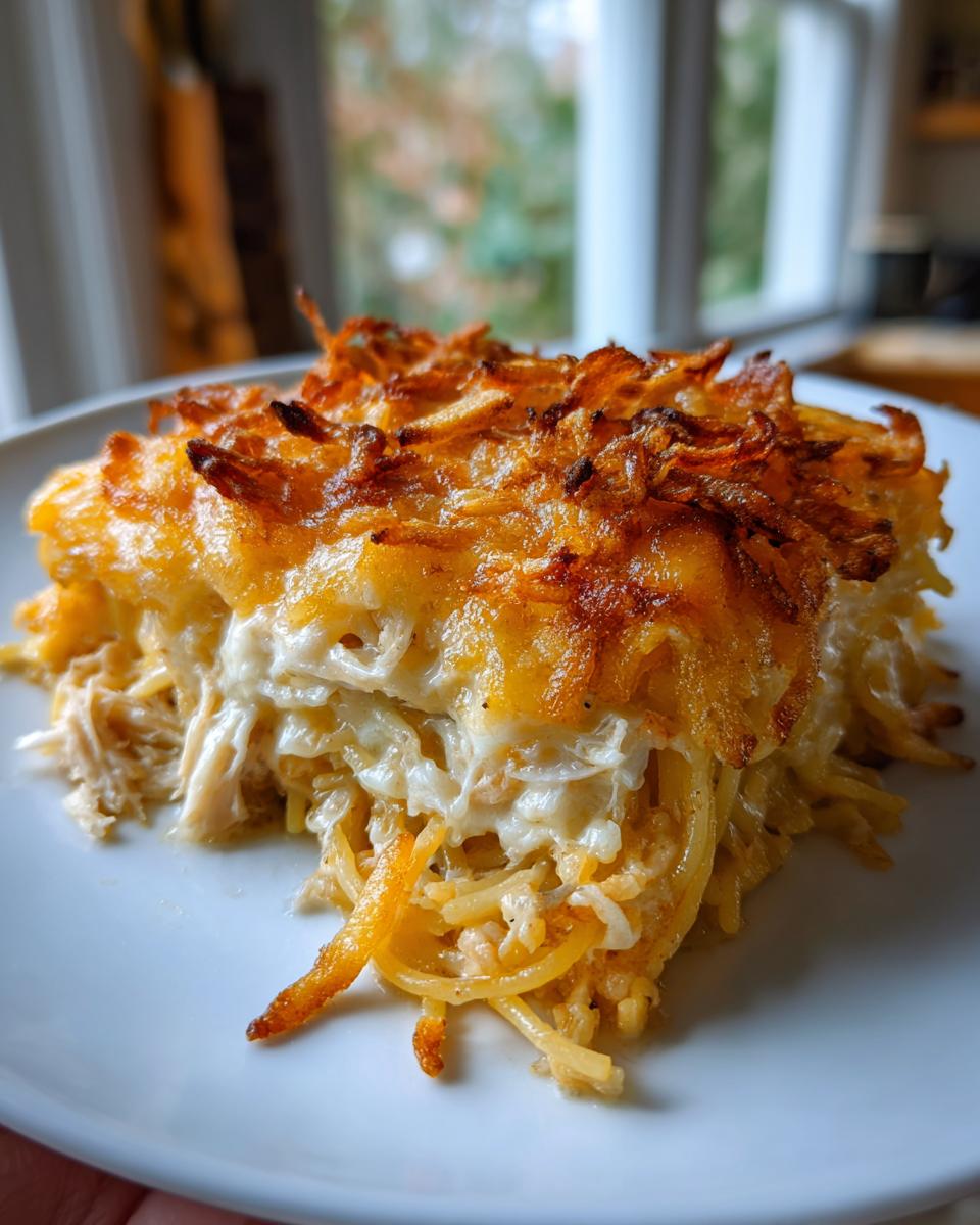 A square serving of creamy Monterey Chicken Spaghetti topped with melted cheese and crispy fried onions or potato shreds.