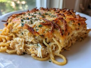 Close-up of a serving of baked Monterey chicken spaghetti, showing creamy shredded chicken mixed with pasta and a golden, cheesy crust.