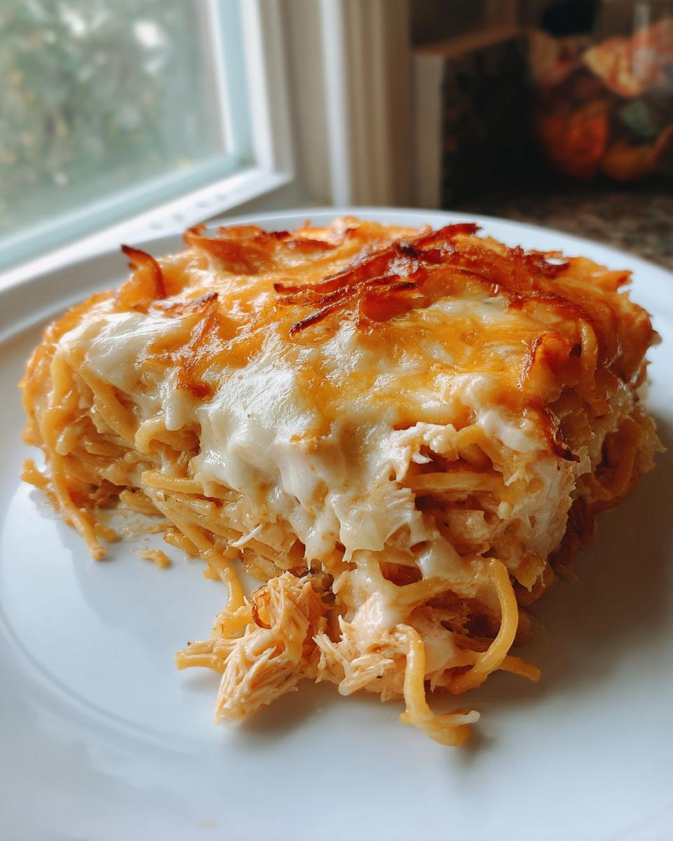 A square serving of baked Monterey chicken spaghetti with melted cheese and crispy topping on a white plate.