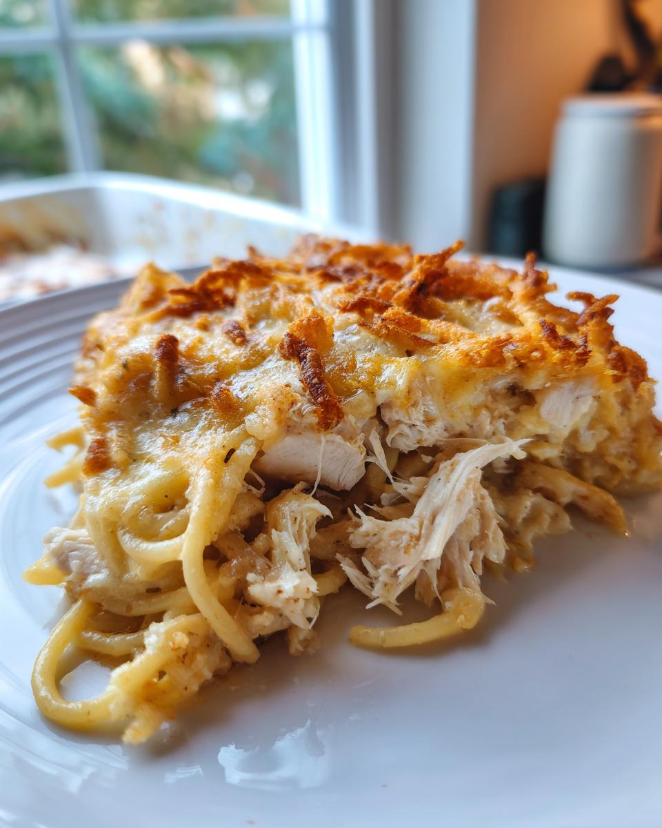 A serving of cheesy Monterey chicken spaghetti showing shredded chicken and a crispy, golden-brown topping.