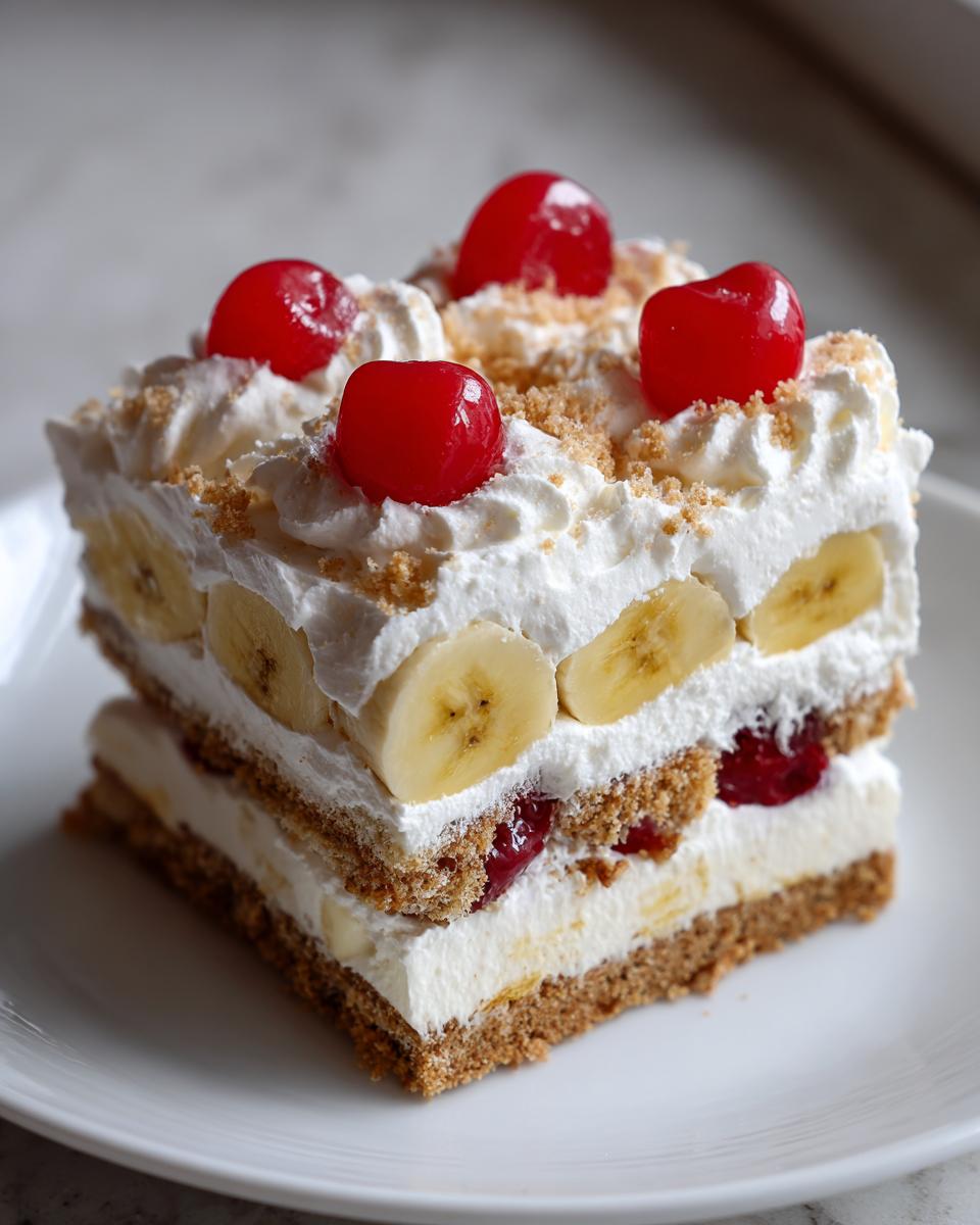 A tempting square slice of no-bake banana split cake featuring layers of crust, cream, bananas, and topped with whipped cream and maraschino cherries.