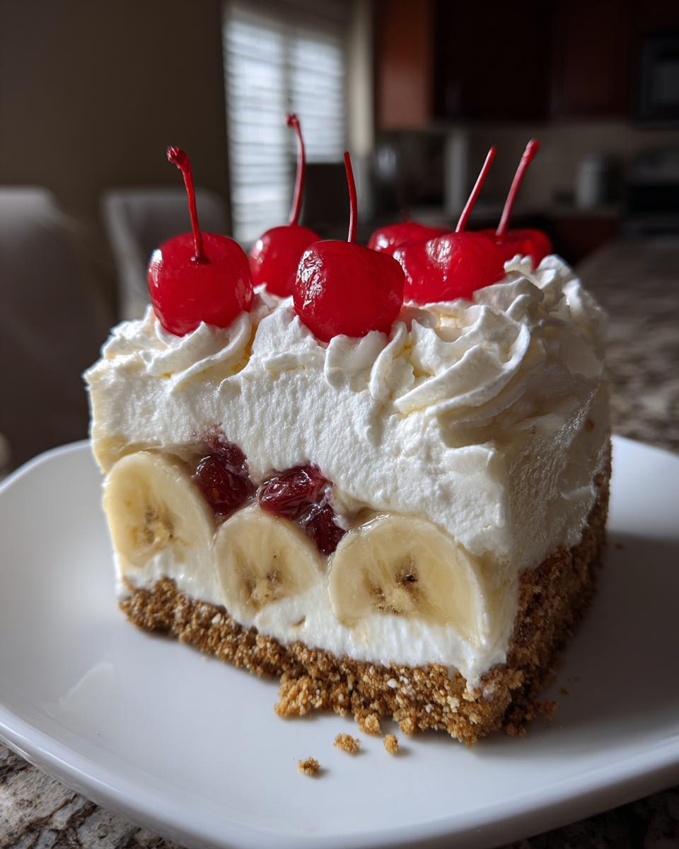 A close-up of a thick slice of no-bake banana split cake featuring a graham cracker crust, bananas, cream filling, whipped topping, and maraschino cherries.