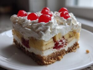Close-up of a single slice of no-bake banana split cake featuring layers of crust, cream, bananas, and topped with whipped cream and maraschino cherries.