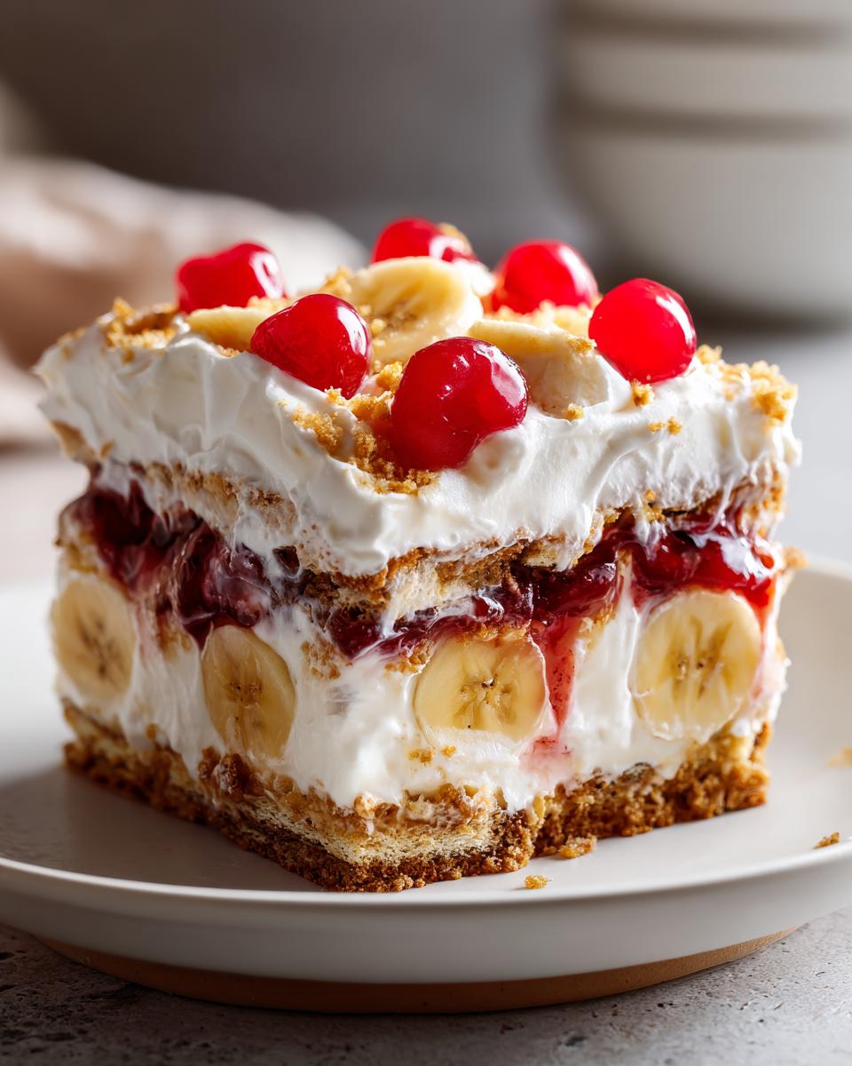 A decadent slice of no-bake banana split cake featuring layers of cream, bananas, cherry topping, and a graham cracker crust.