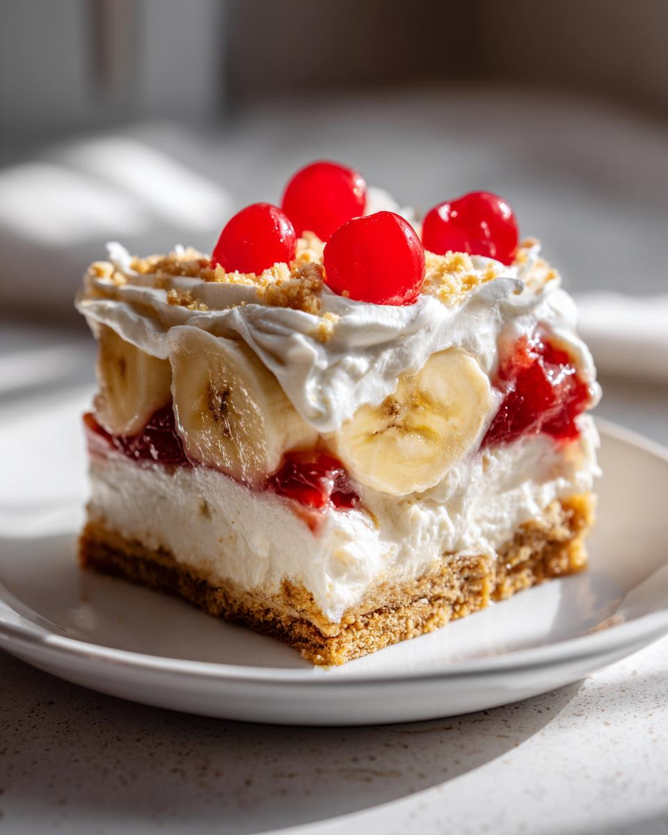 A perfect square slice of no-bake banana split cake featuring a graham cracker crust, creamy filling, bananas, and topped with whipped cream and maraschino cherries.