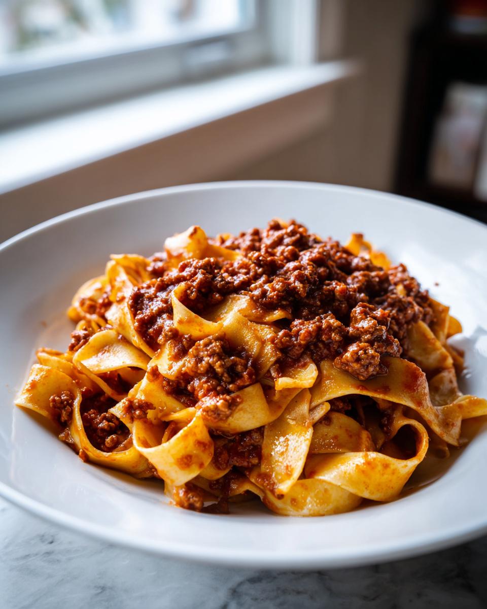 A close-up of wide pappardelle pasta generously topped with rich, slow-cooked bolognese sauce in a white bowl.