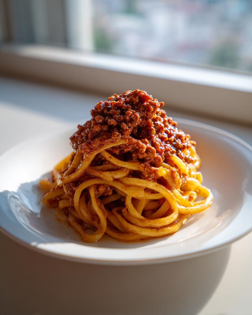 A close-up of thick pasta noodles topped high with rich bolognese sauce, served on a white plate.