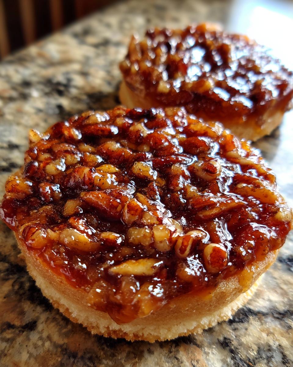 Close-up of a shiny, gooey topping made of pecans and caramel on one of the pecan pie cookies.