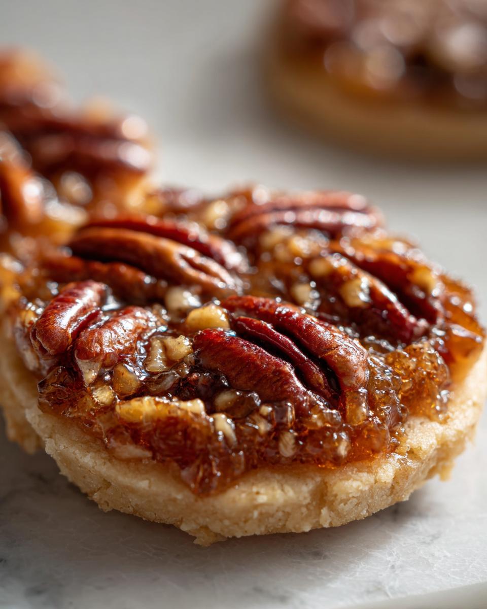 A close-up, macro shot of a single pecan pie cookie featuring a buttery crust topped with glossy, caramelized pecans.
