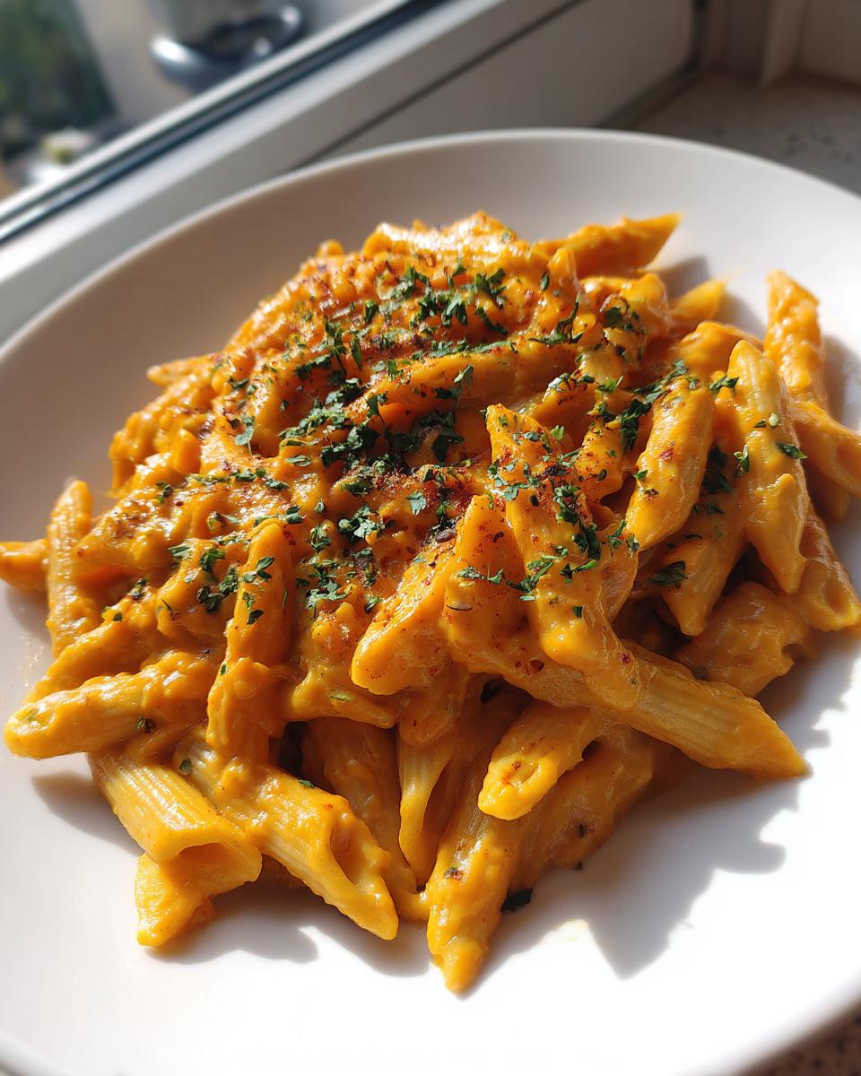 A plate of penne pasta generously coated in bright orange butternut squash pasta sauce, garnished with parsley.