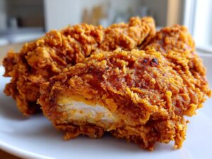 Close-up of perfectly crispy, golden-brown fried chicken, showing the juicy white meat inside one piece.