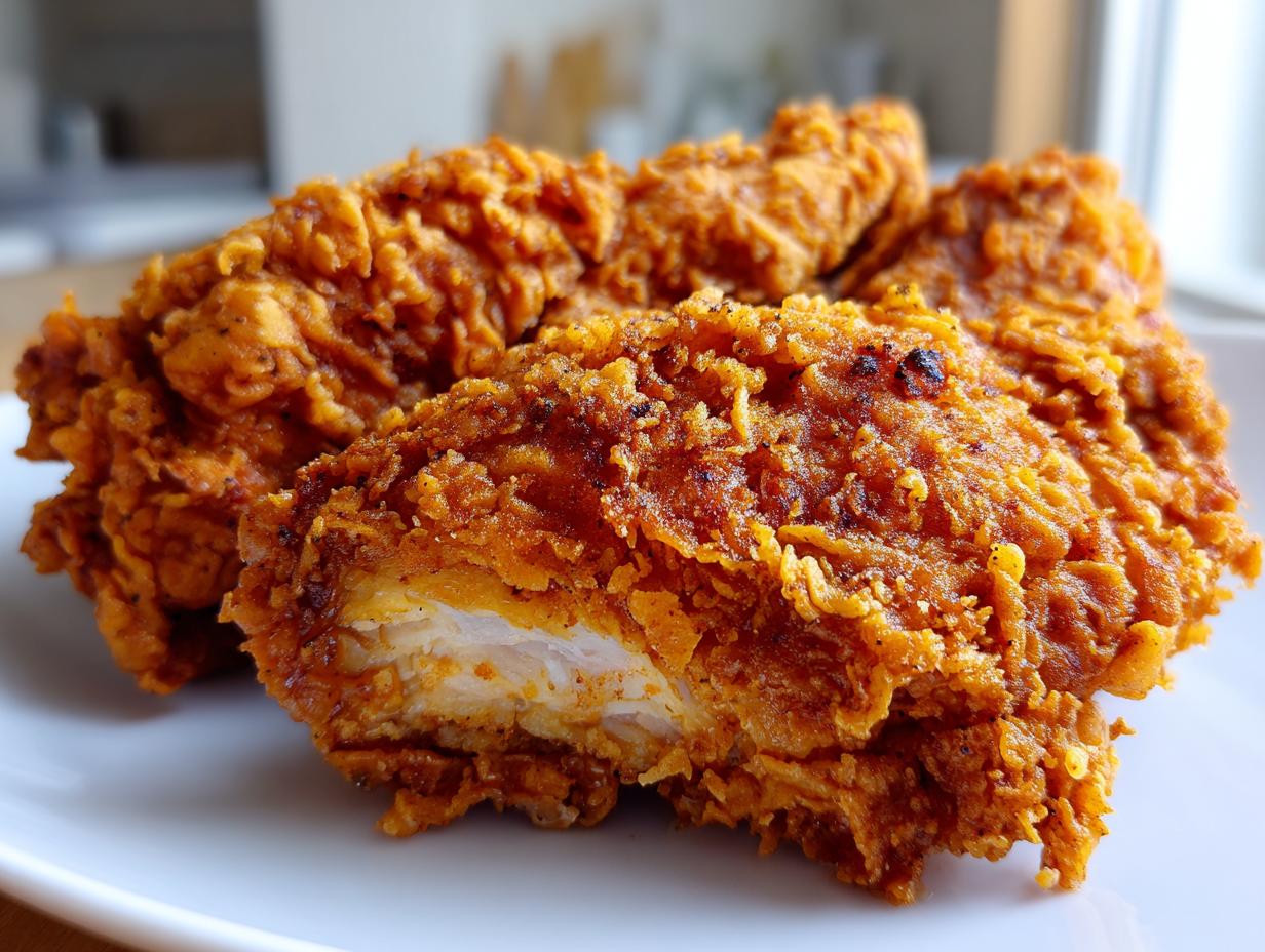 Close-up of perfectly crispy, golden-brown fried chicken, showing the juicy white meat inside one piece.
