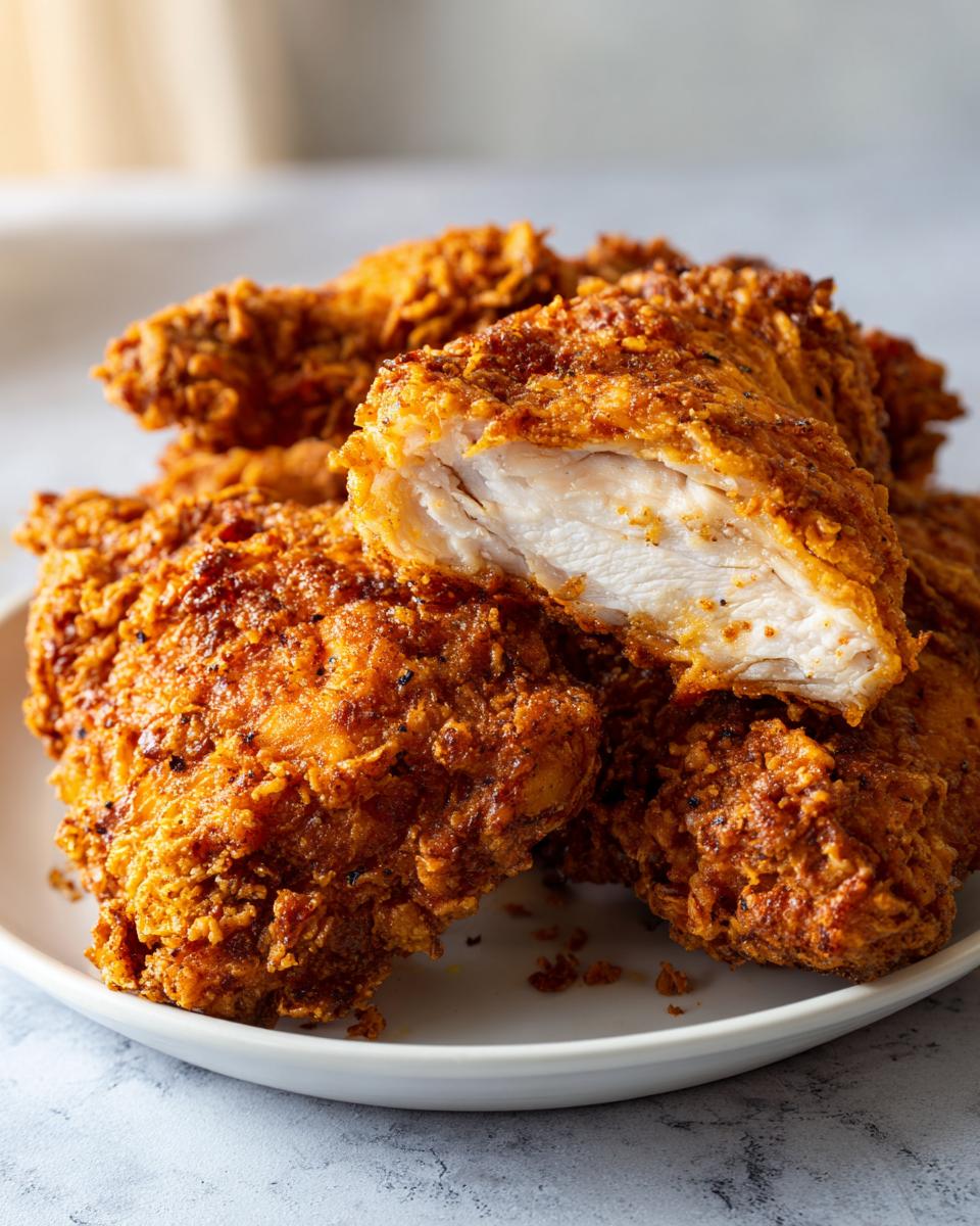 Close-up of perfectly crispy, golden-brown fried chicken, with one piece cut open showing the moist white meat inside.