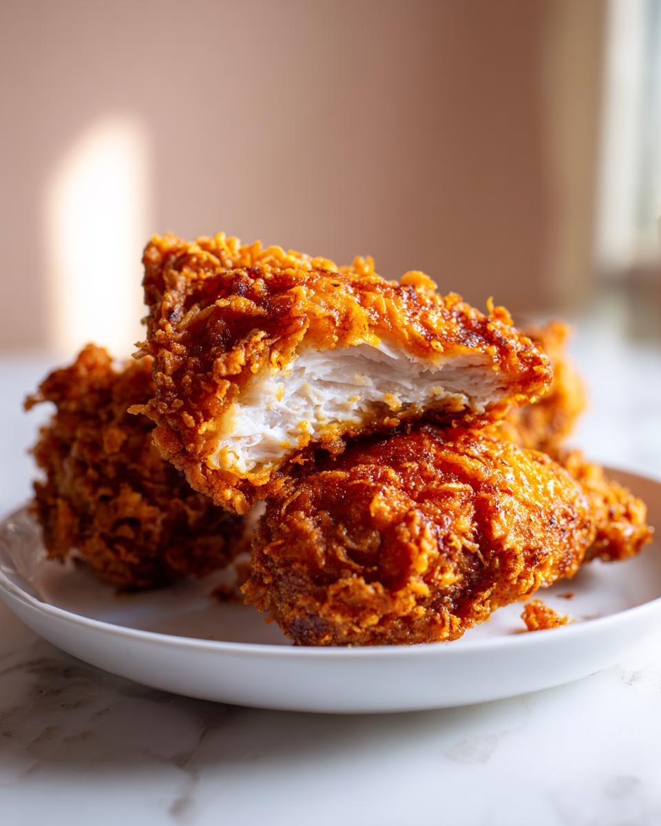 Close-up of crispy fried chicken, one piece cut open to show juicy white meat inside.