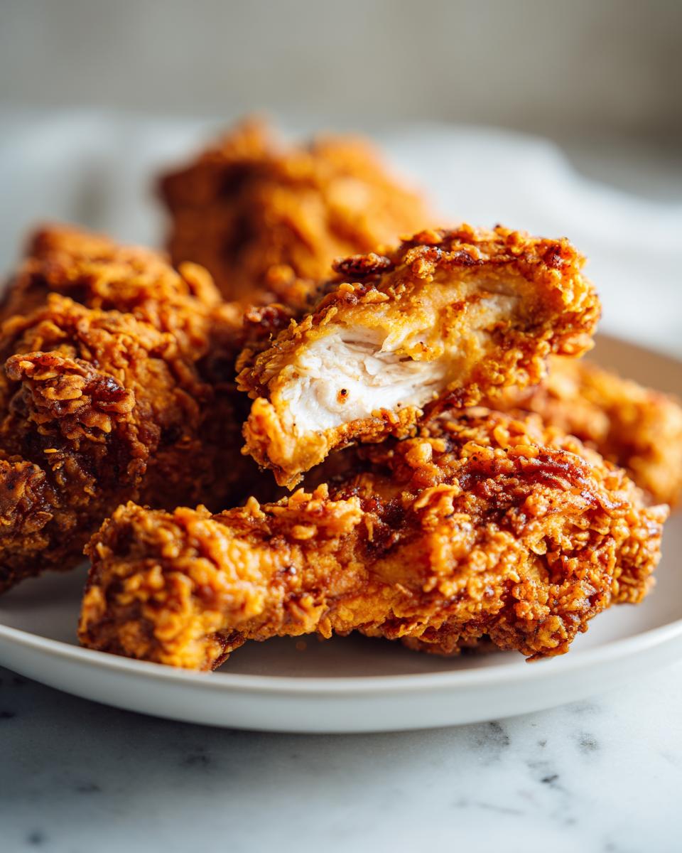 Close-up of crispy, golden-brown fried chicken pieces, one showing the juicy white meat inside.