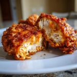 Close-up of perfectly cooked fried chicken cut in half showing juicy white meat inside crispy, seasoned coating.