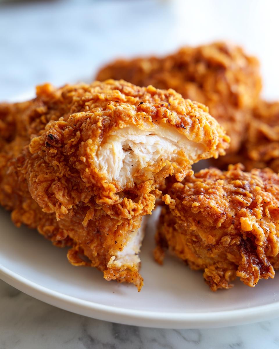 Close-up of perfectly cooked fried chicken, showing the juicy white meat inside the crispy, golden-brown crust.