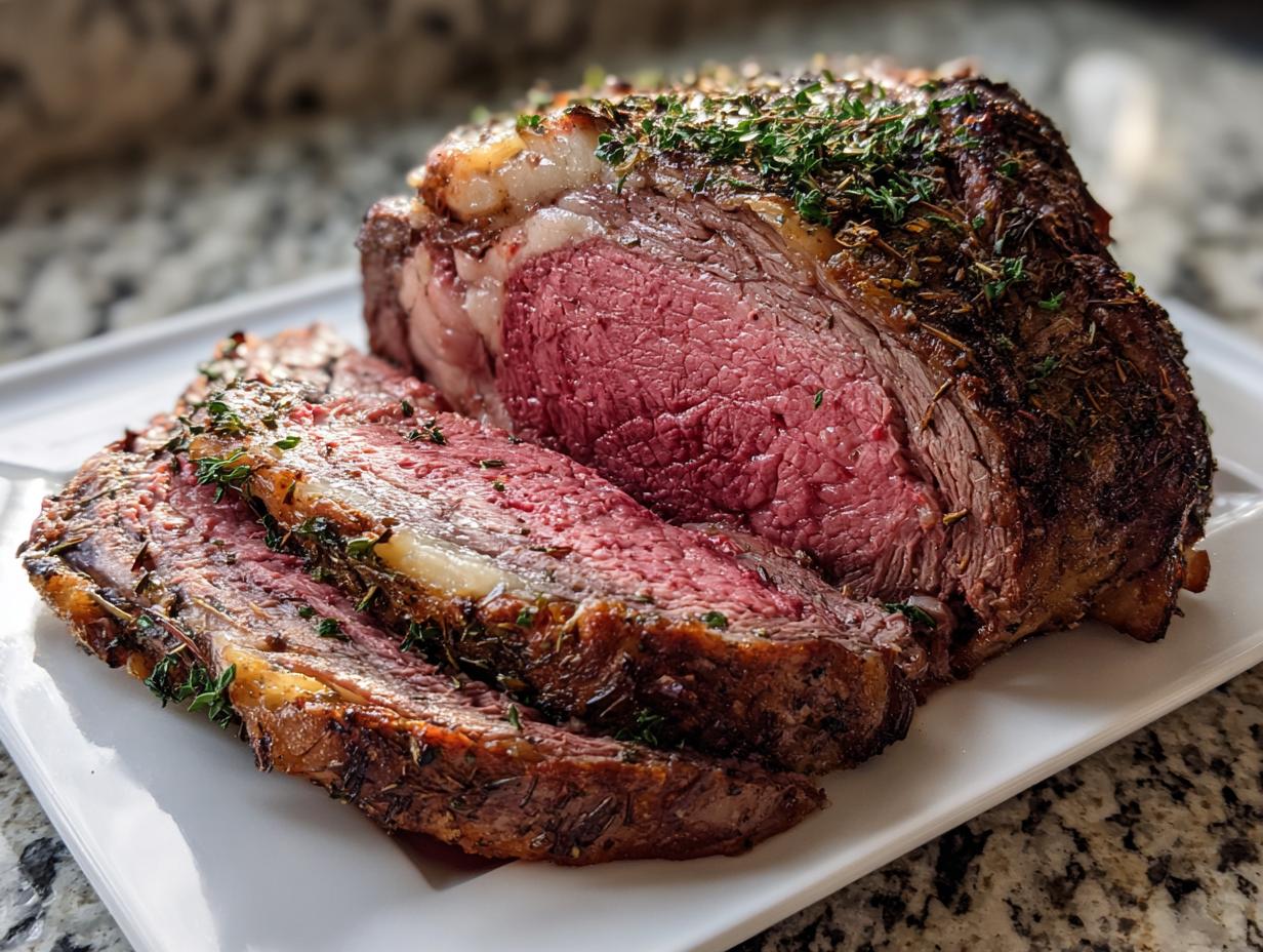 A beautifully cooked rib roast, sliced to reveal a perfect medium-rare center, seasoned with herbs.